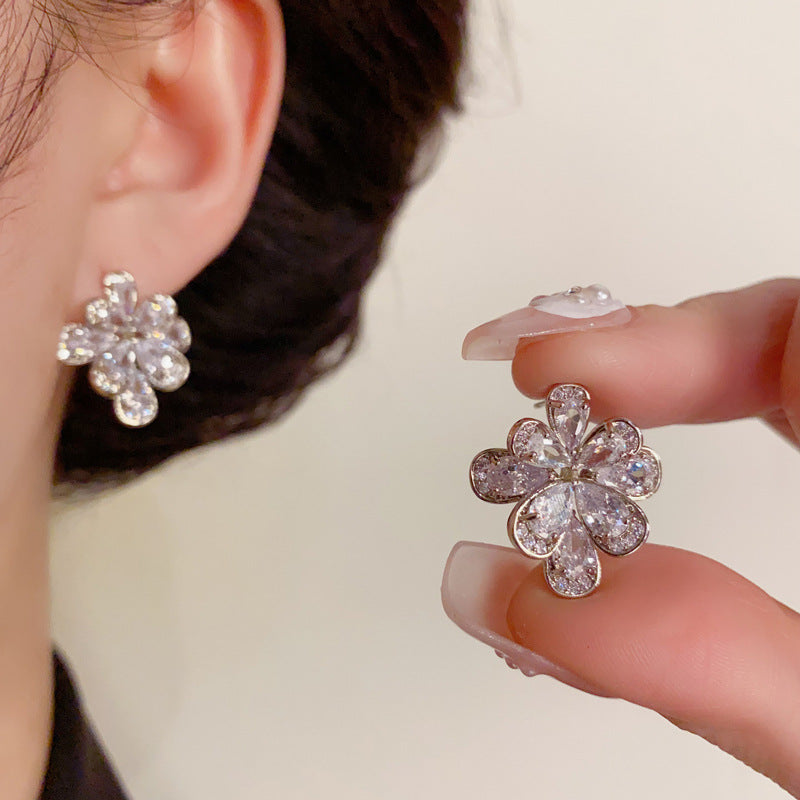 14K Gold Full Zircon Flower Earrings - Chic Elegance Design