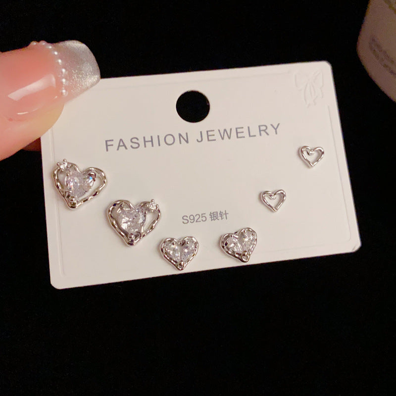 14K Gold-Plated Diamond Heart Three-Piece Stud Earrings-Elegant & Chic