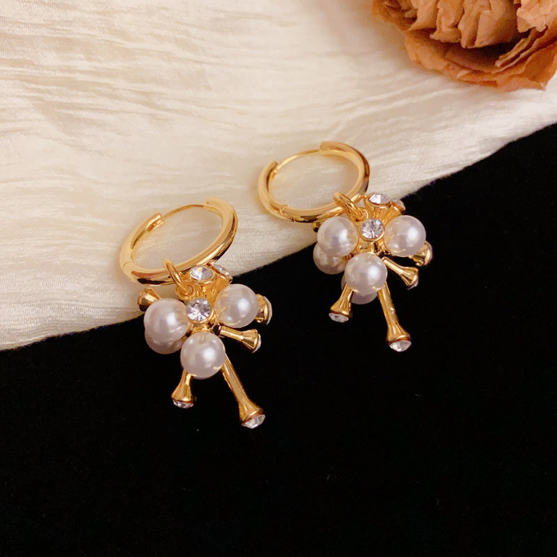 18K Gold Two-Way Irregular Zircon & Pearl Earrings –Floral Design