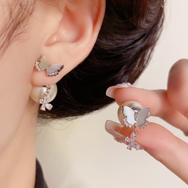 14K Gold Shell Butterfly Pearl Drop Earrings – Sweet Elegant Design