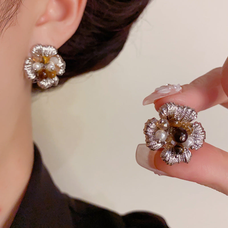 Elegant Tiger's Eye & Glass Bead Flower Earrings – Floral Design