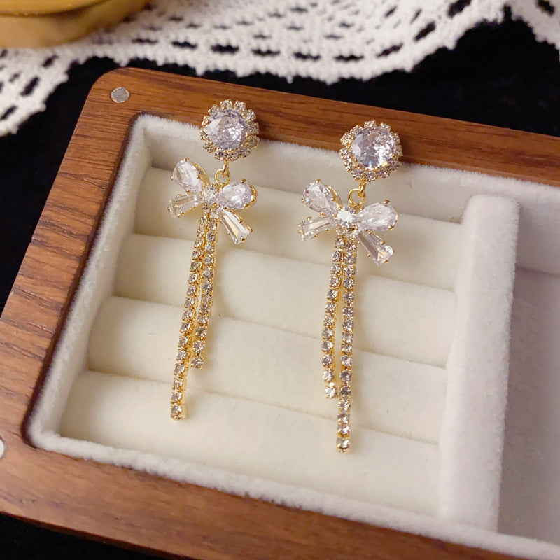 Luxury Full-Zircon Bow Tassel Drop Earrings – Elegant Design