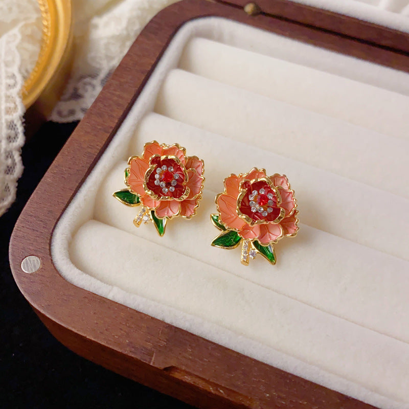Elegant Zircon Color-Block Petal Stud Earrings – Retro Floral Design
