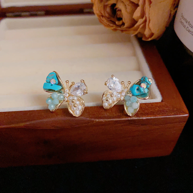 14K Gold Minimalist Blue Pearl & Butterfly Earrings–S925 Silver Needle