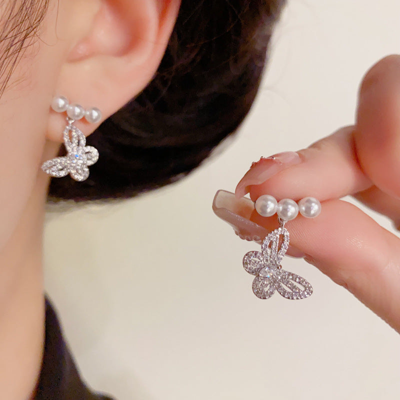 Silver Posts Elegant Pearl Butterfly Drop Earrings – Elegant Design