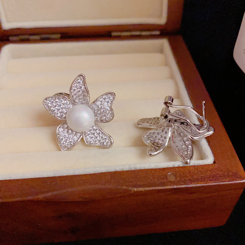 14K Gold Luxury Full-Zircon Flower & Pearl Earrings–S925 Silver Needle