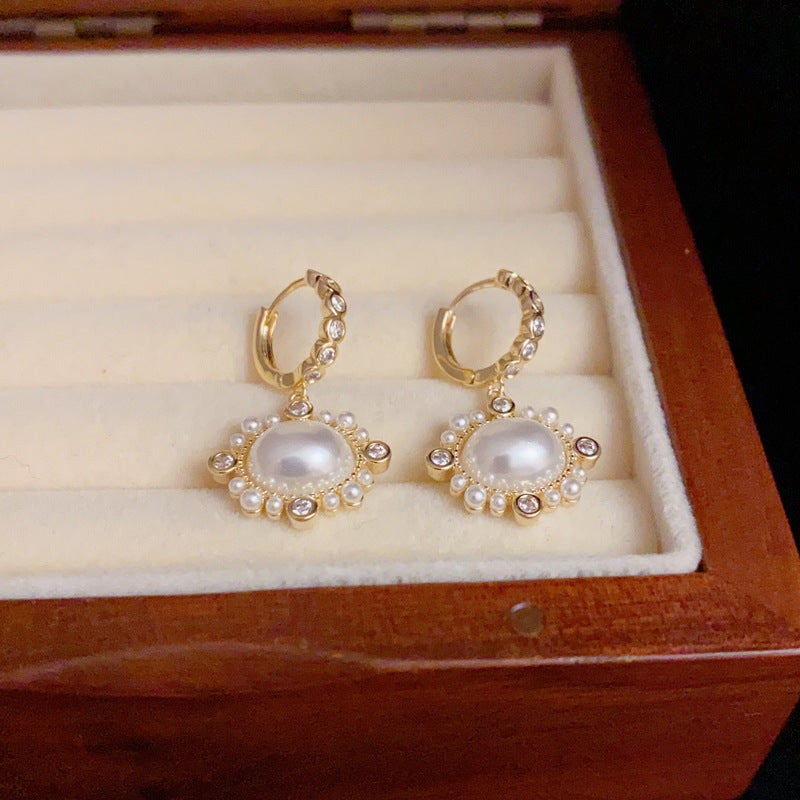 14K Gold Pearl Zircon Sunflower Earrings - Chic Elegance Design