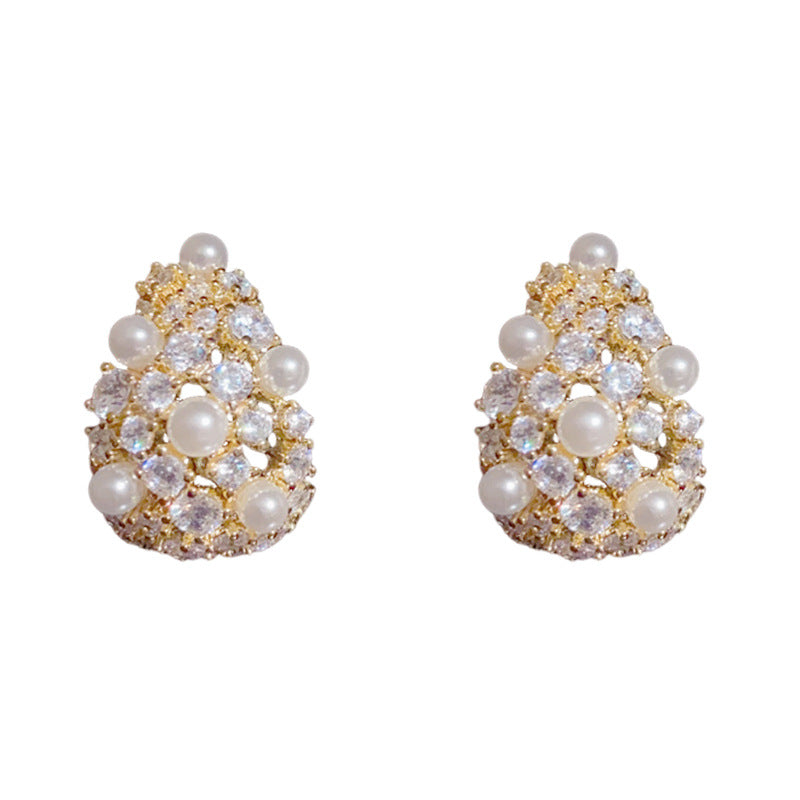 14K Gold Pearl Teardrop Stud Earrings – Elegant Sparkling Design