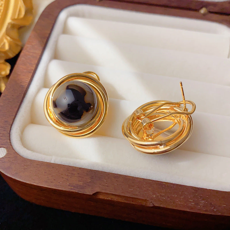 Elegant Tiger's Eye Round Metal Stud Earrings – Geometric Design