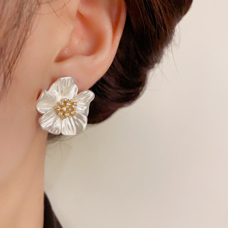 14K Gold-Plated Camellia Flower Pear Earrings - Elegant Floral Design