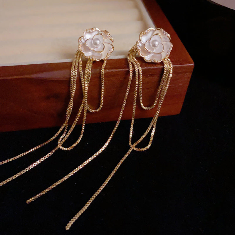 14K Gold-Plated Camellia 2 Way Tassel Earrings – Elegant Floral Design