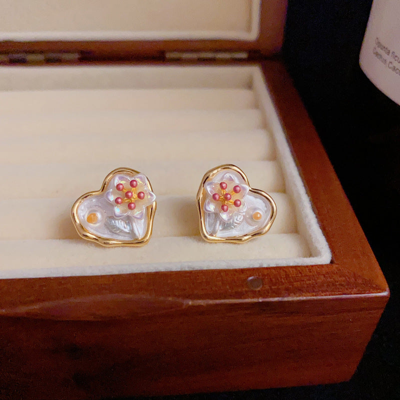 14K Gold Handcrafted Enamel Heart Flower Stud Earrings– Elegant Design