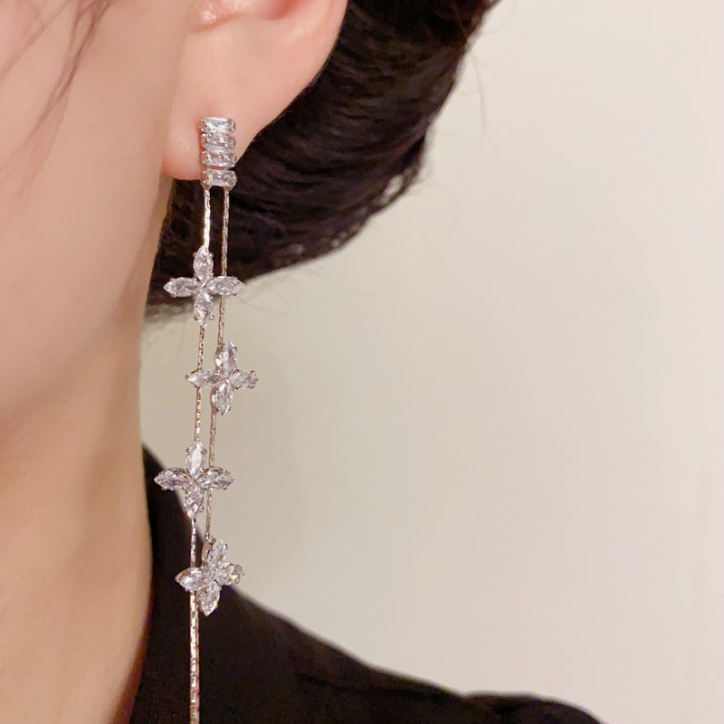 14K Gold Full Zircon Clover Tassel Drop Earrings- Chic Elegance Design