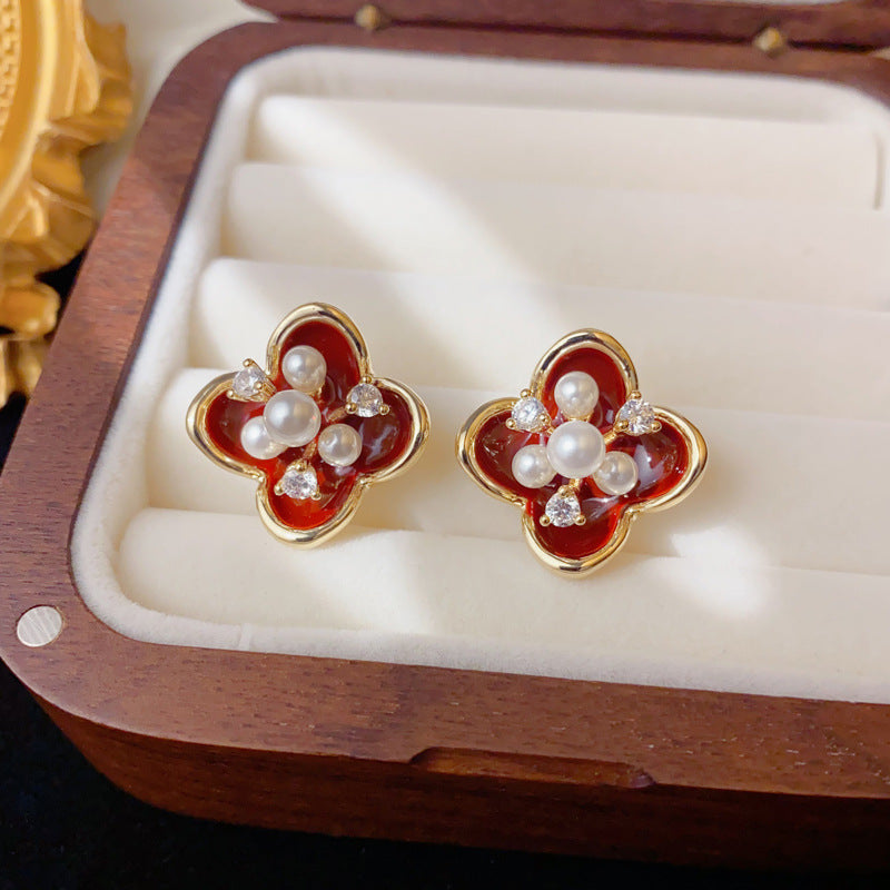 Elegant Red Enamel Pearl Petal Stud Earrings – Floral Design