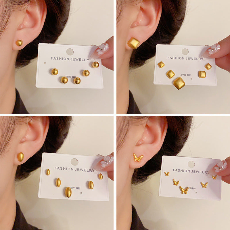 14K Gold Mesh Geometric Trio Stud Earrings - Chic Minimalist Design