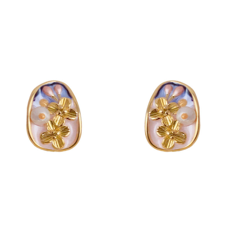 Elegant Colorful Enamel Pearl Petal Stud Earrings – Floral Design