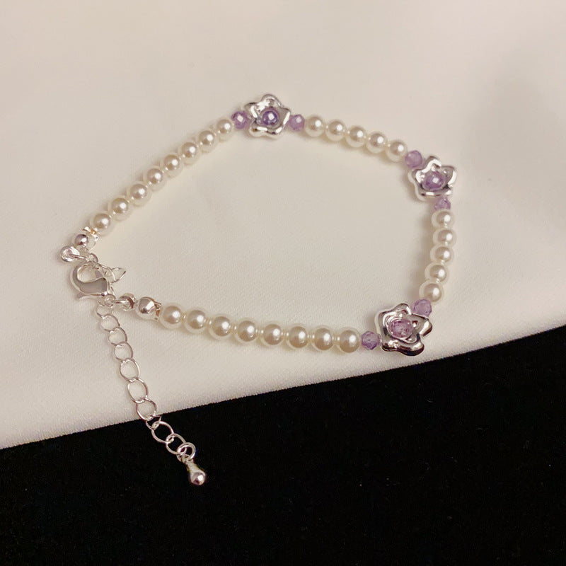 Handmade Purple Floral Glass Bead Bracelet – Elegant Design