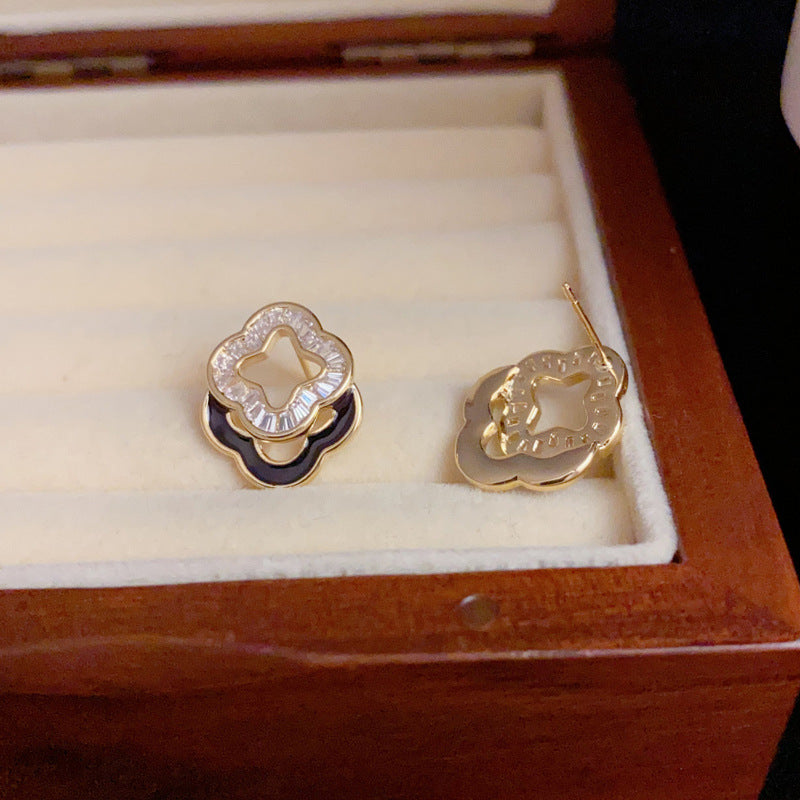 14K Gold-Plated Zircon Four-Leaf Stud Earrings - Chic Elegance Design