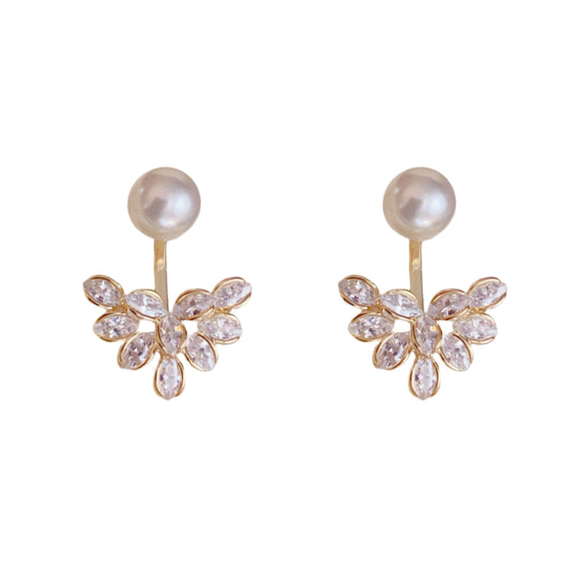 Luxury Zircon Leaf & Pearl Two-Way Earrings – Elegant Floral Design