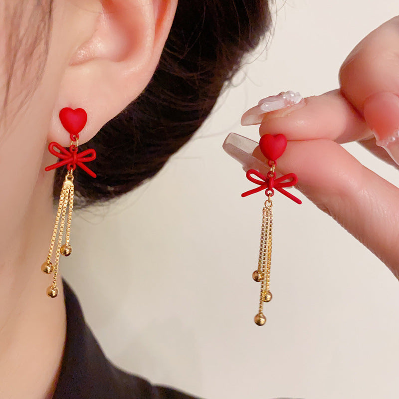 14K Gold-Plated Red Heart Bow Tassel Drop Earrings - Chic Design