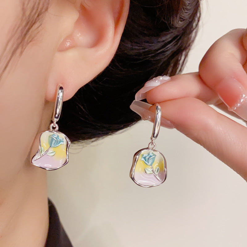 14K Gold Enamel Rose Geometric Drop Earrings – Elegant Floral Design