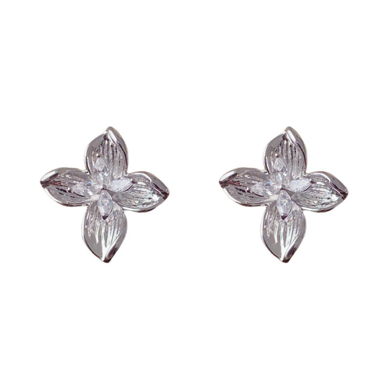 Elegant Zircon 3D Metal Petal Stud Earrings – Floral Design