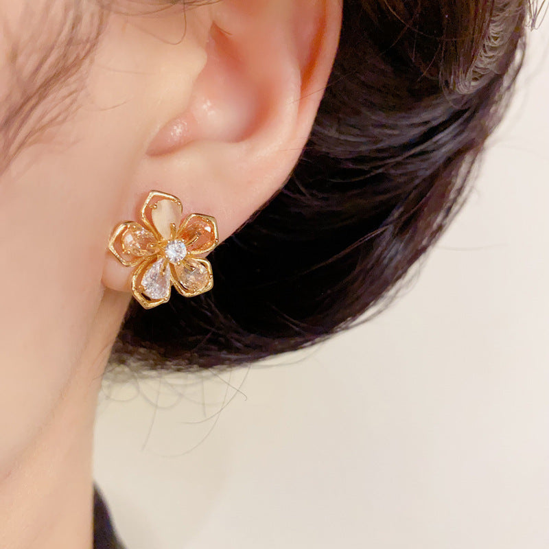 14K Gold Crystal Flower Clip-On Earrings – Elegant No-Piercing Design