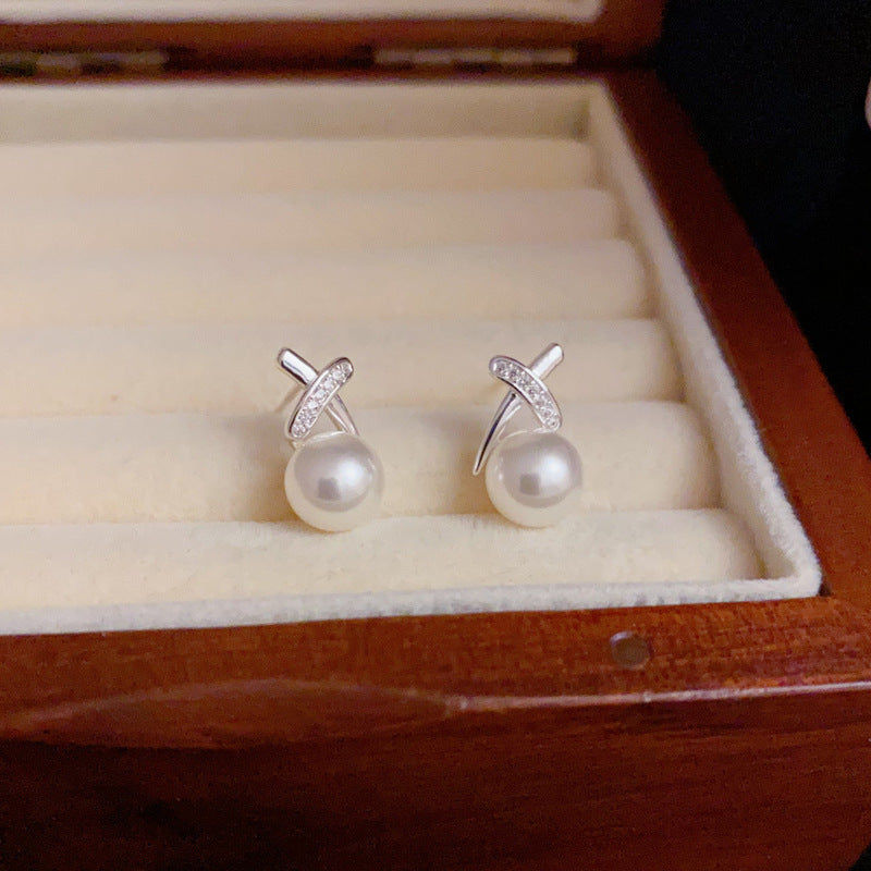 S925 Silver Minimalist Crossed Pearl Stud Earrings – Elegant Design