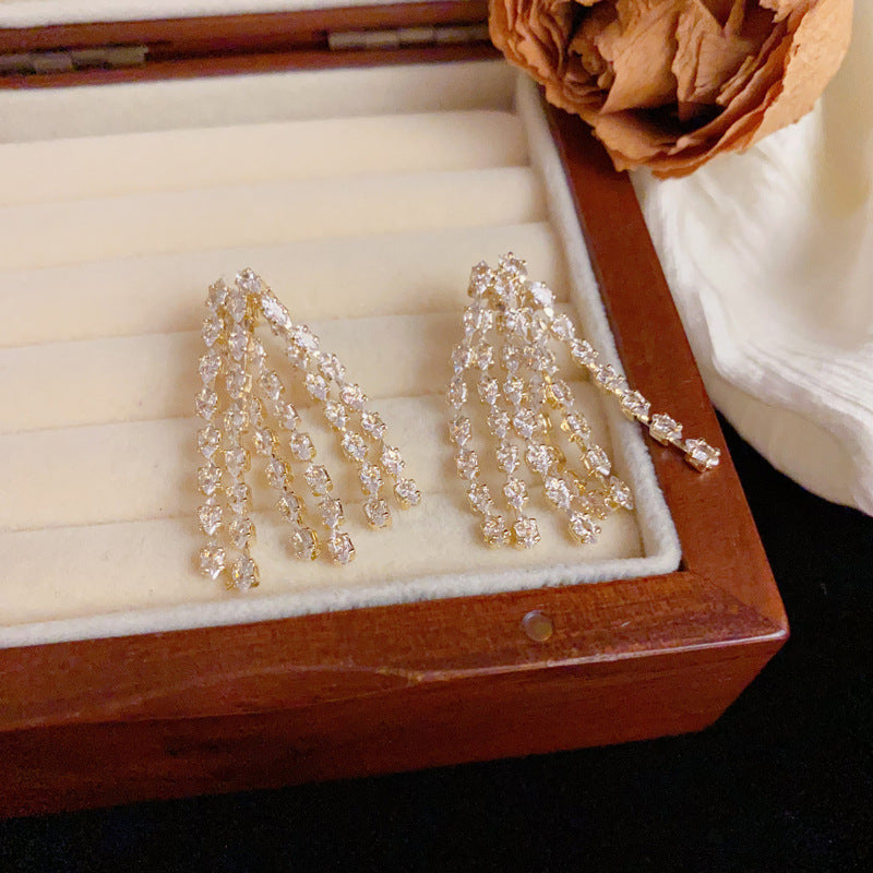Elegant Full-Zircon Long Tassel Drop Earrings – Geometric Design