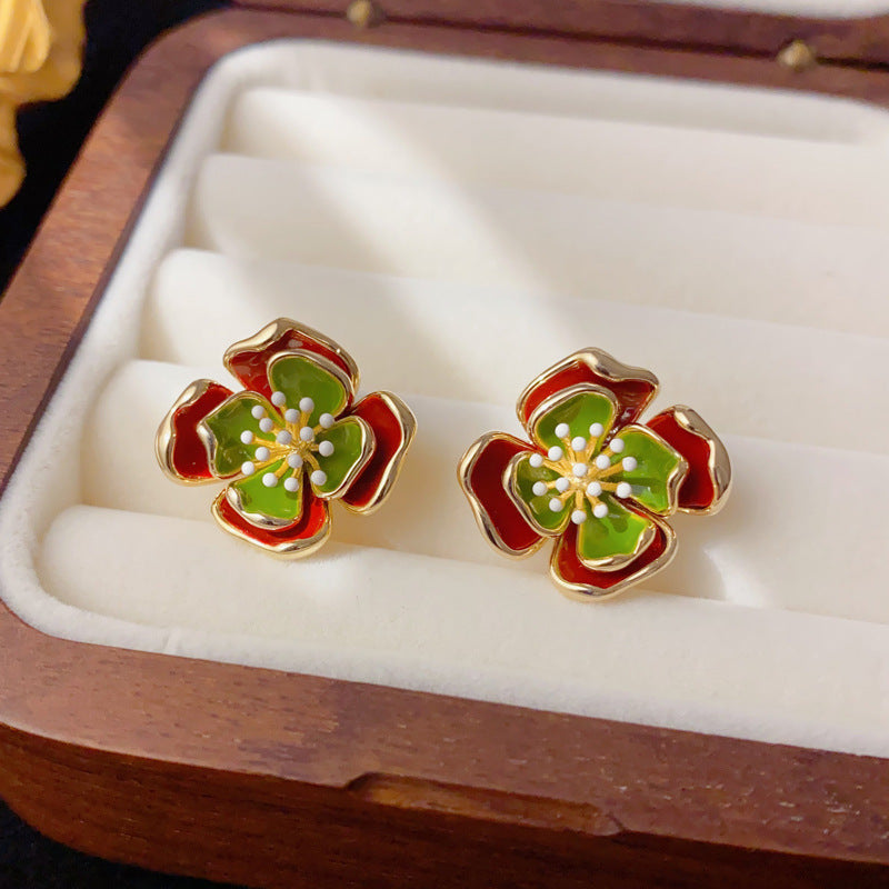 Elegant Double-Layer Enamel Petal Stud Earrings – Floral Design