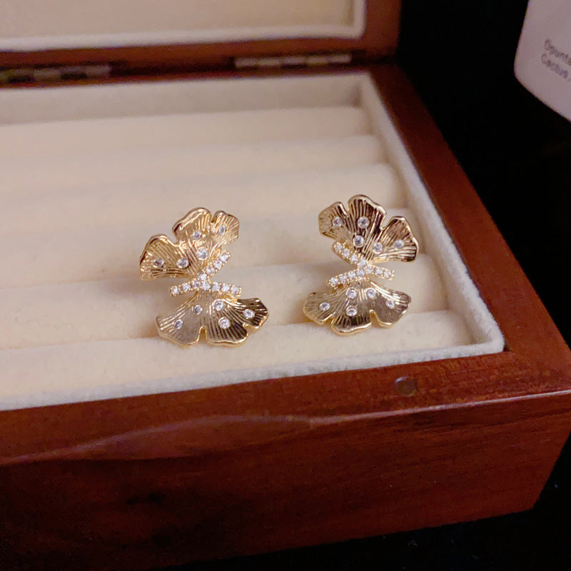 14K Gold-Plated 3D Metal Zircon Butterfly Stud Earrings –Luxury Design