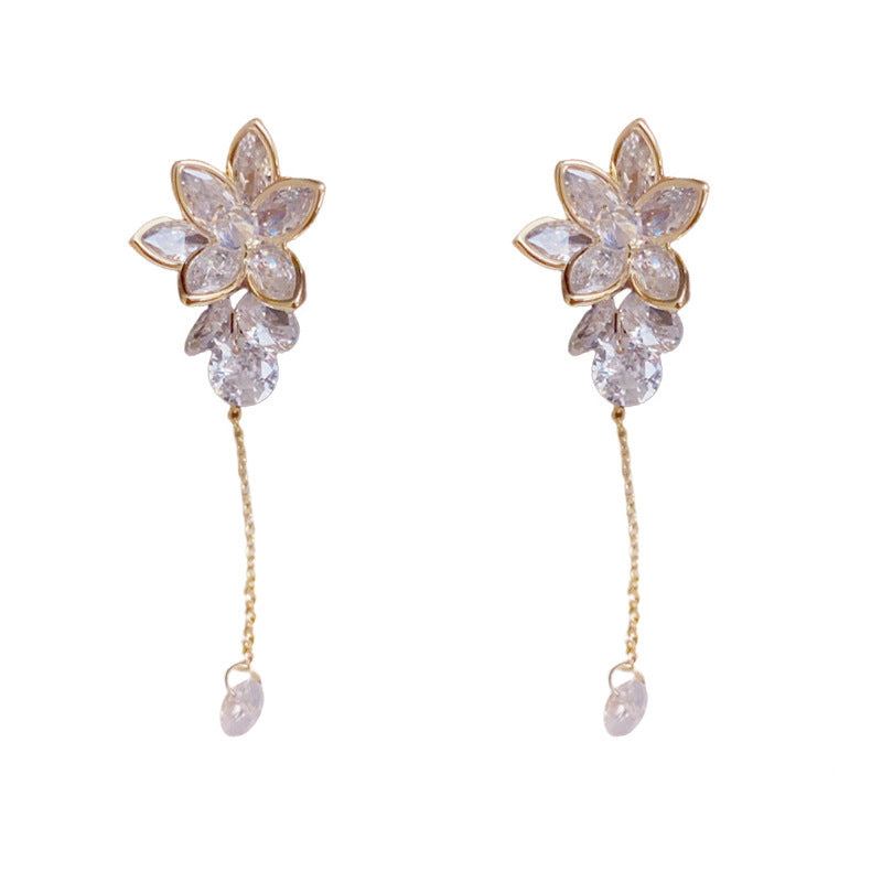 Luxury Zircon Petal Long Tassel Drop Earrings – Elegant Floral Design