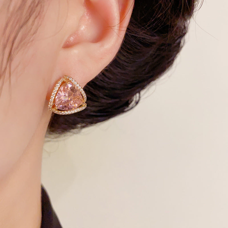 Elegant Full-Zircon Triangle Stud Gold Earrings – Geometric Design