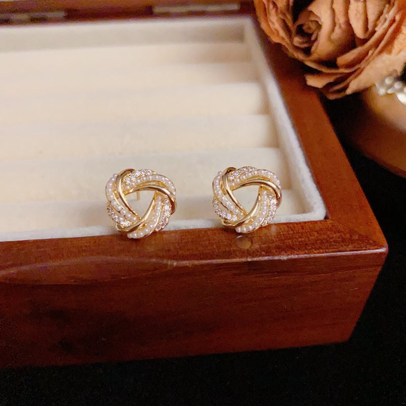 14K Gold Zircon & Pearl Wrapped Triangle Earrings – Geometric Design