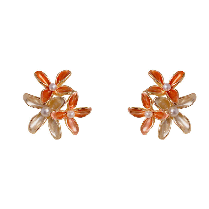 Luxury Colorblock 3D Flower & Pearl Earrings – Elegant Floral Design