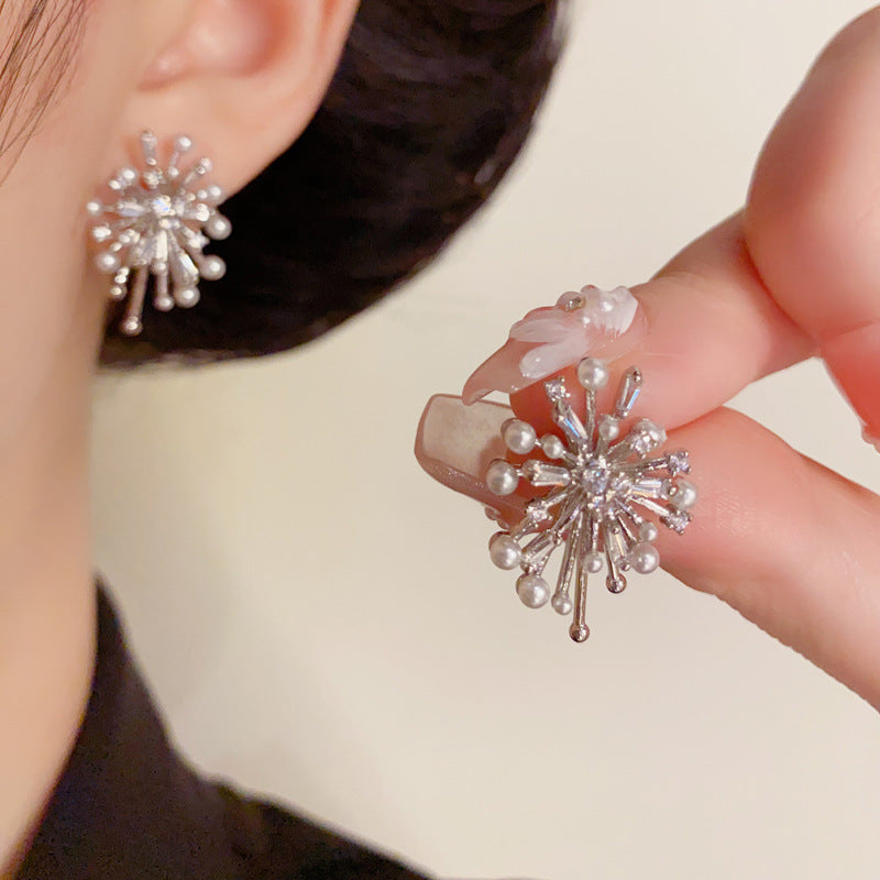 Elegant Pearl & Zircon Firework Stud Earrings – Silver Needle Design