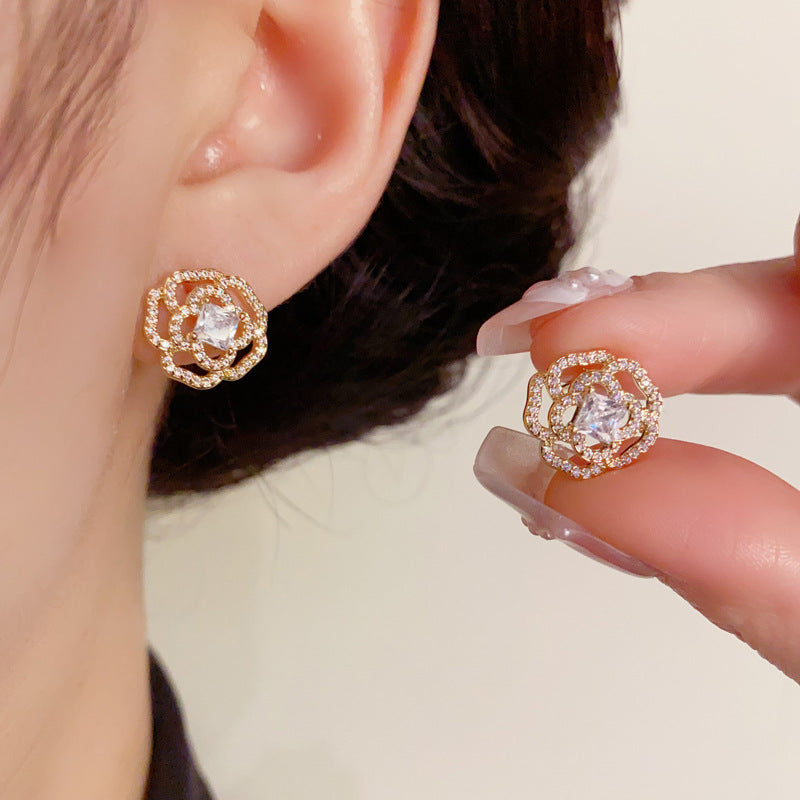14K Gold-Plated Zircon Hollow Camellia Stud Earrings – Elegant Design