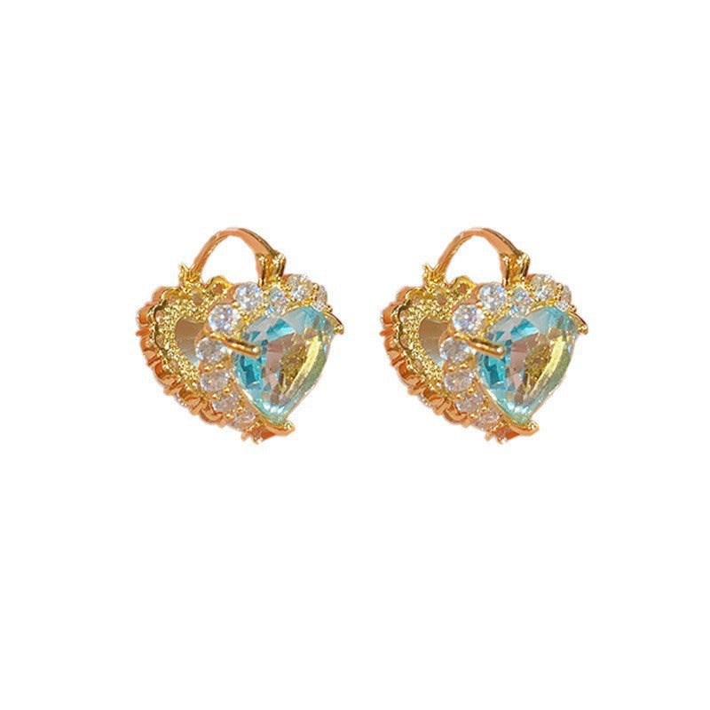 14K Gold Blue Zircon Double Heart Earrings - Chic Elegance Design