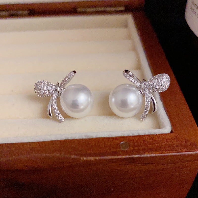 14K Gold S925 Silver Needle Zircon Pearl Stud Earrings– Elegant Design