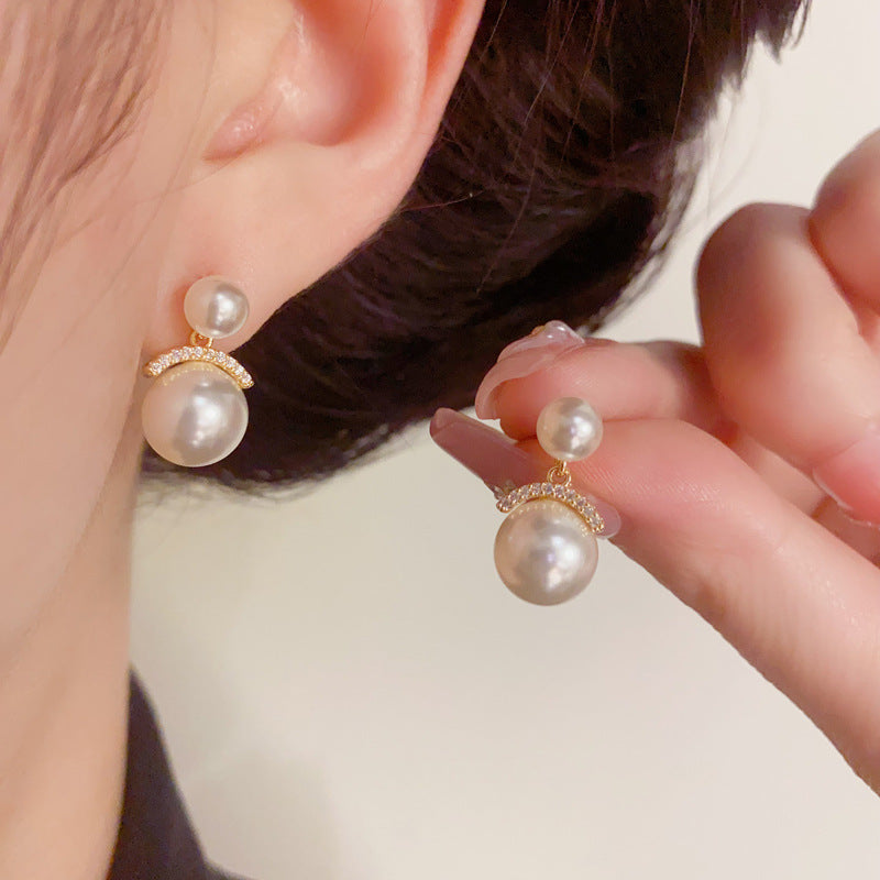 Luxury Zircon Bar & Pearl Stud Real Gold Earrings – Elegant Design