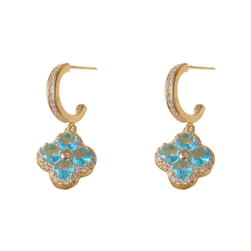 Luxury Blue Crystal Four-Leaf Clover Drop Earrings – Floral Design