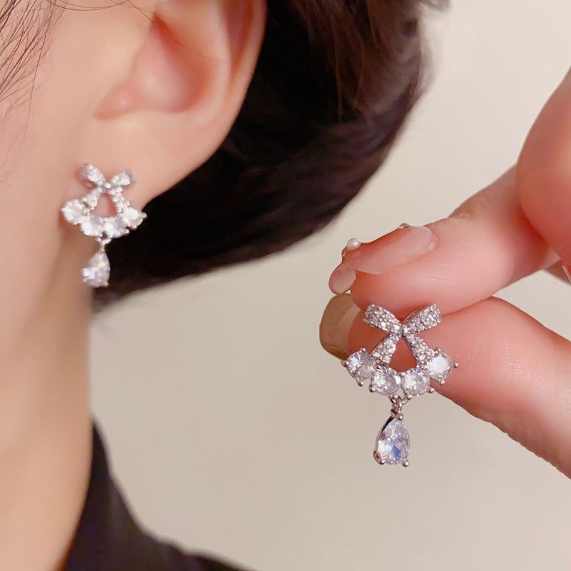 Elegant Zircon Bow Teardrop Drop Earrings – French Minimalist Design