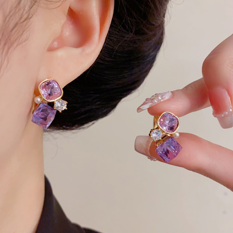 Eaioncol Geometric Crystal Drop Earrings Purple & Green