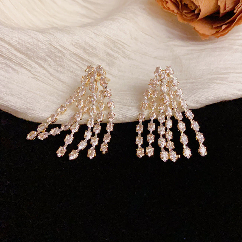 Elegant Full-Zircon Long Tassel Drop Earrings – Geometric Design