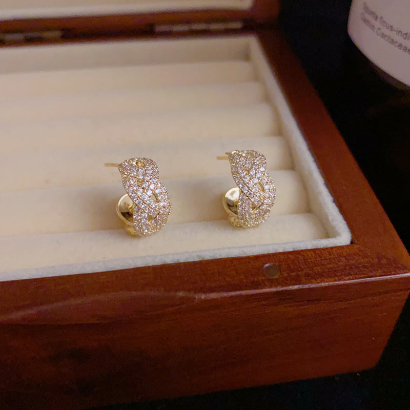 14K Gold-Plated Full Zircon Cross C-Shaped Earrings – Sparkling Design