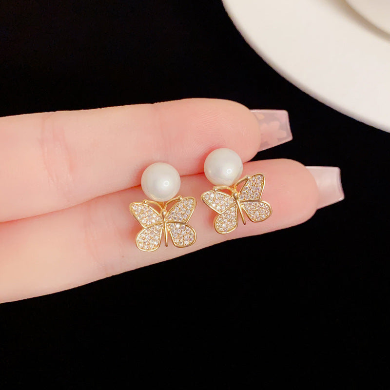 Eaioncol Butterfly Pearl CZ Stud Earrings Gold