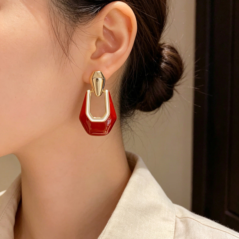 Eaioncol Geometric Enamel Drop Earrings Red Brown