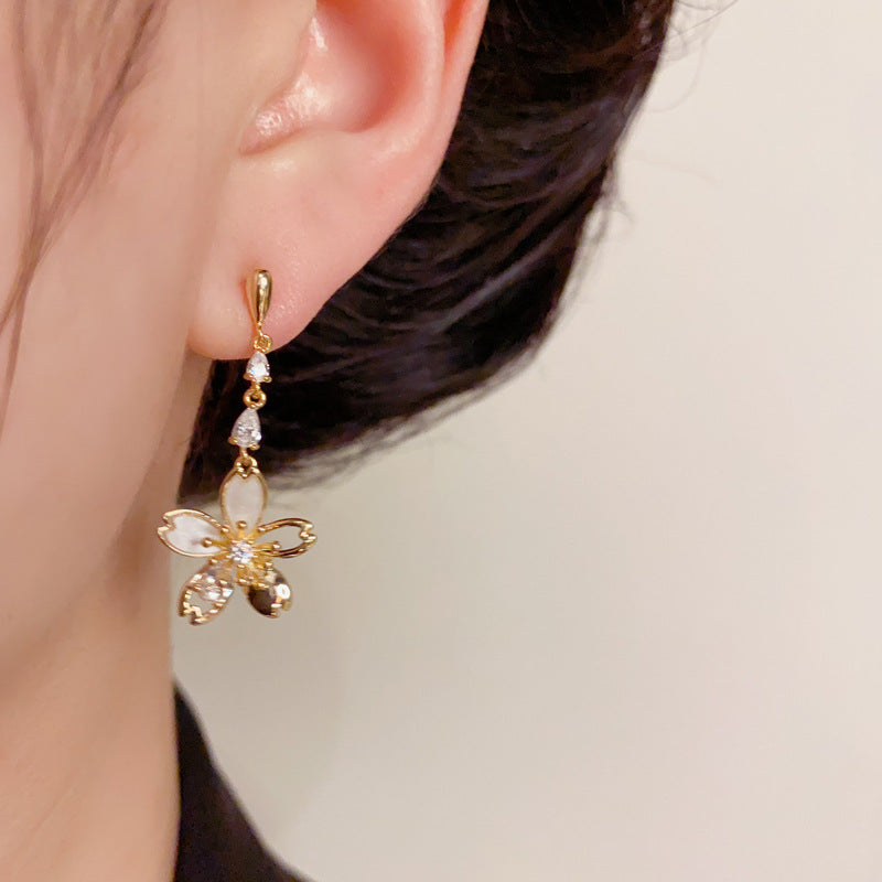 14K Gold-Plated Zircon Flower Tassel Earrings – Elegant Chic Design