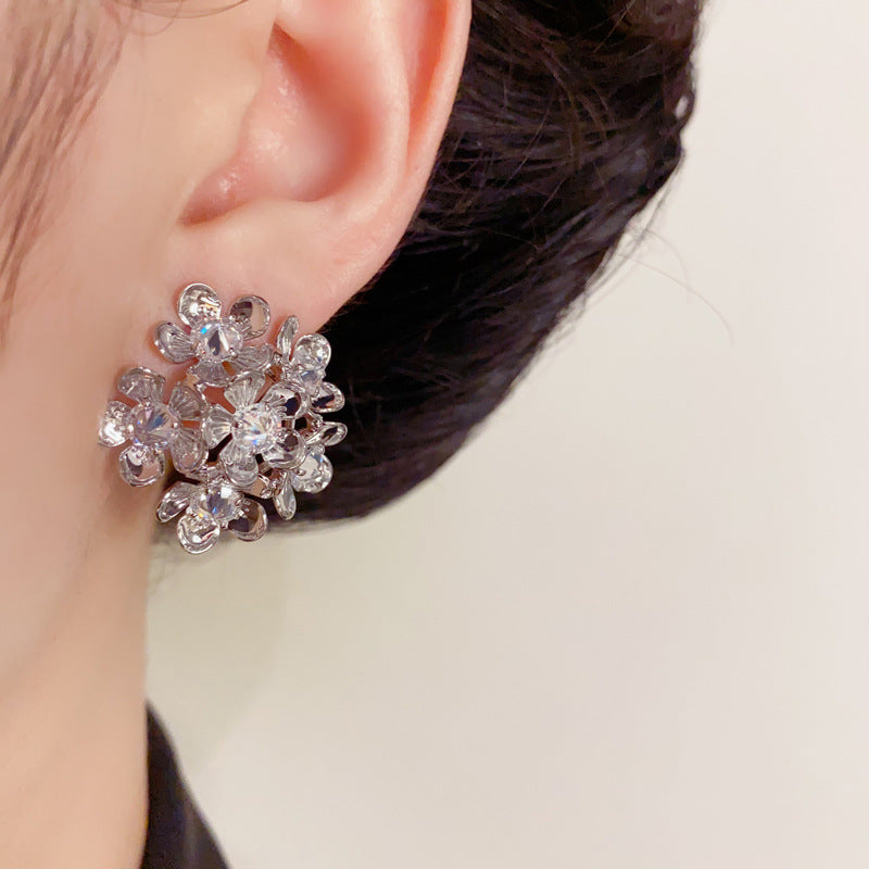 Elegant Zircon Metal Petal Stud Earrings – Silver Needle Floral Design