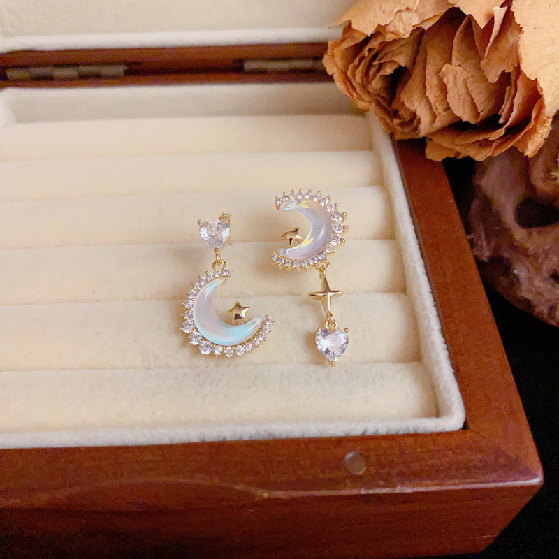 Zircon Star-Moon Asymmetric Tassel Drop Earrings – Elegant Design